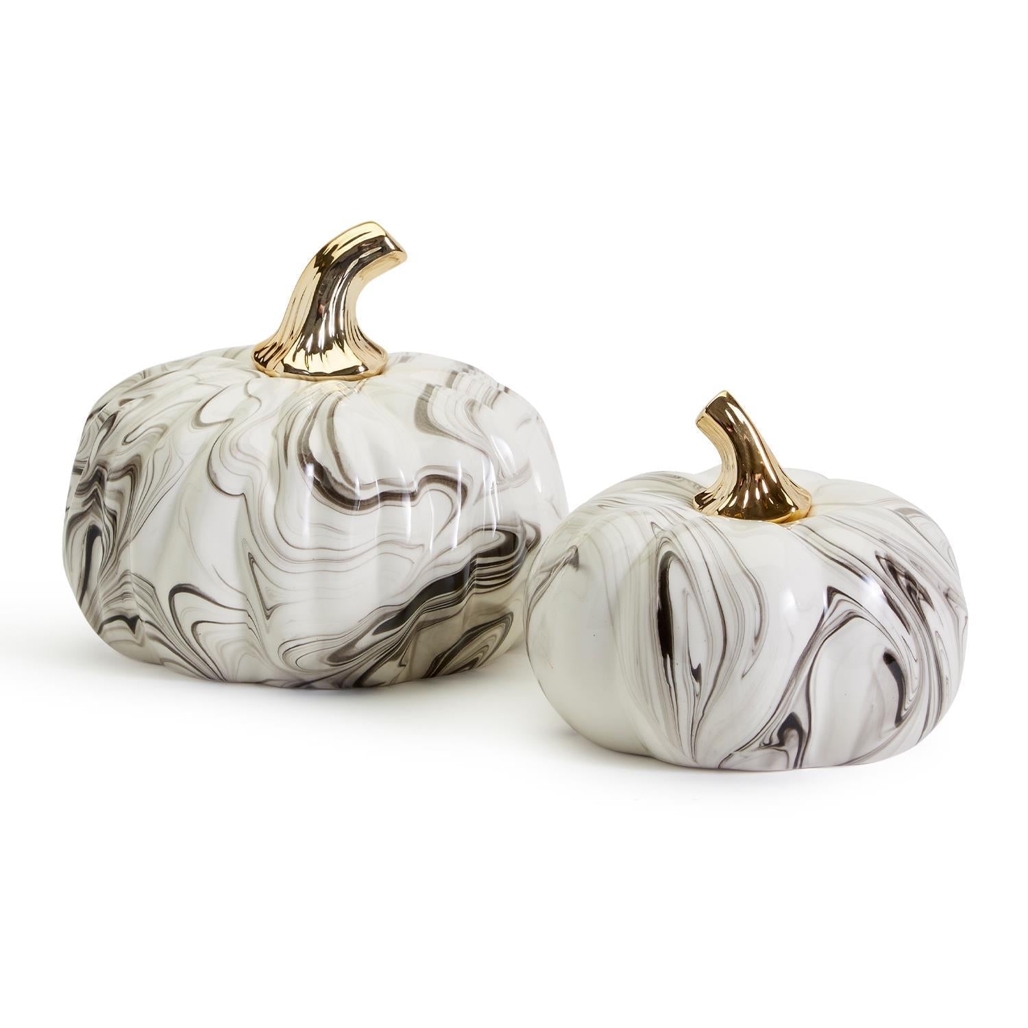 Two's Company Marbled Set of 2 Black and White Pumpkins with Gold Stem  - Dolomite