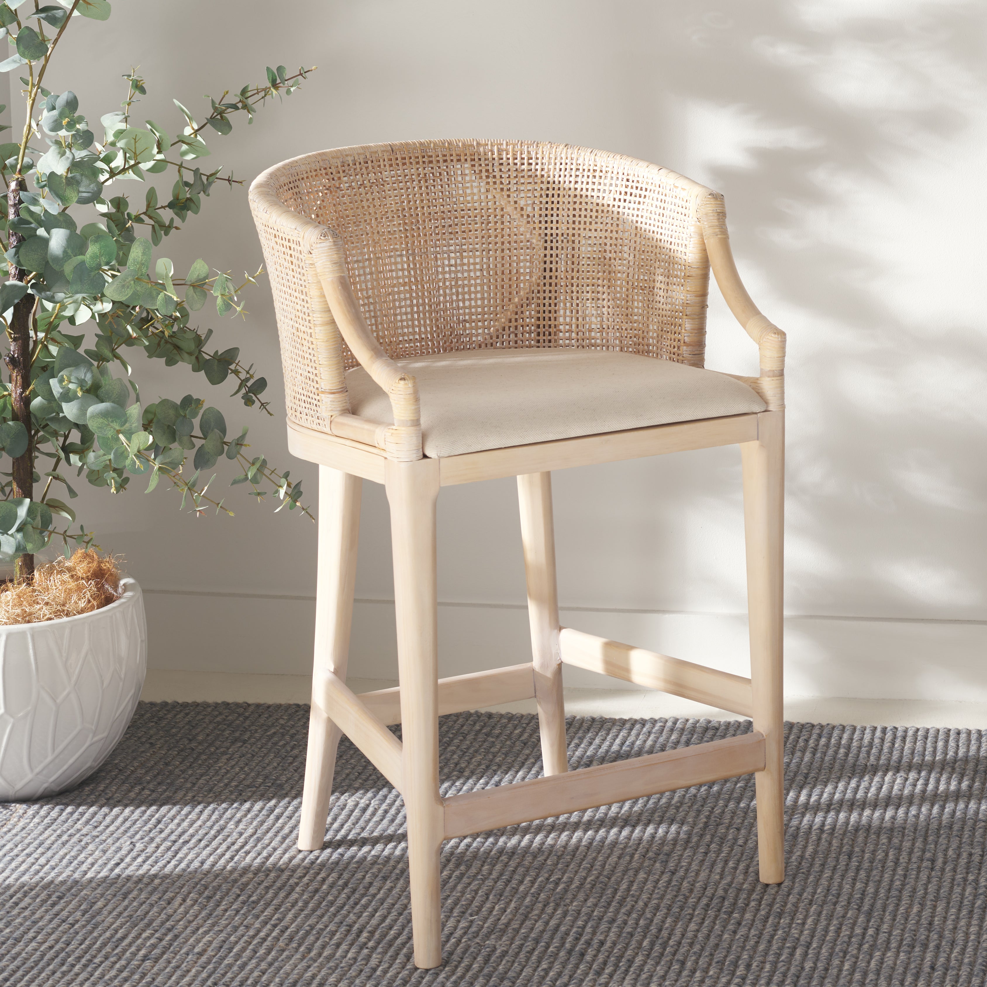 Safavieh Brando Counter Stool, BST4000 - Natural White Wash Weave / White Wash / Holy White Cushion