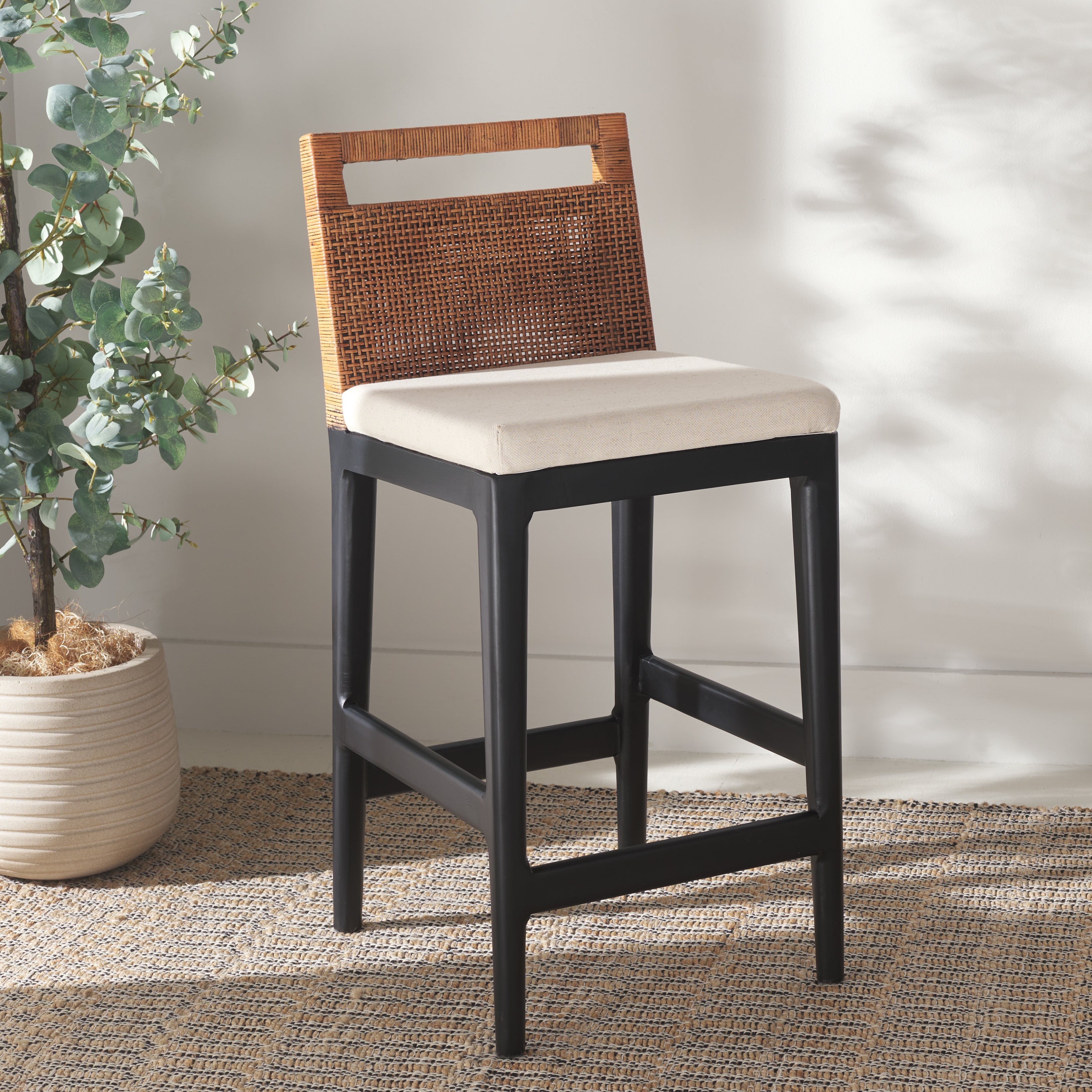 Safavieh Darin Counter Stool, BST4001 - Brown Weaving / Black / White Cushion