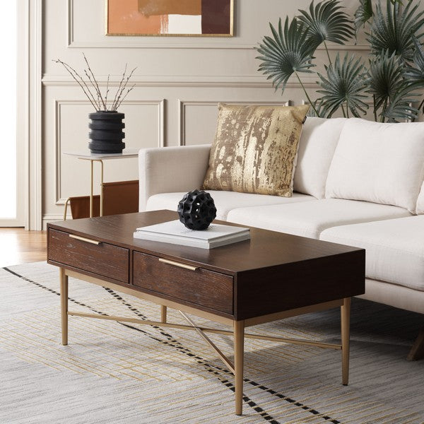 Safavieh Pierre 2 Drawer Coffee Table, COF6404 - Walnut / Gold