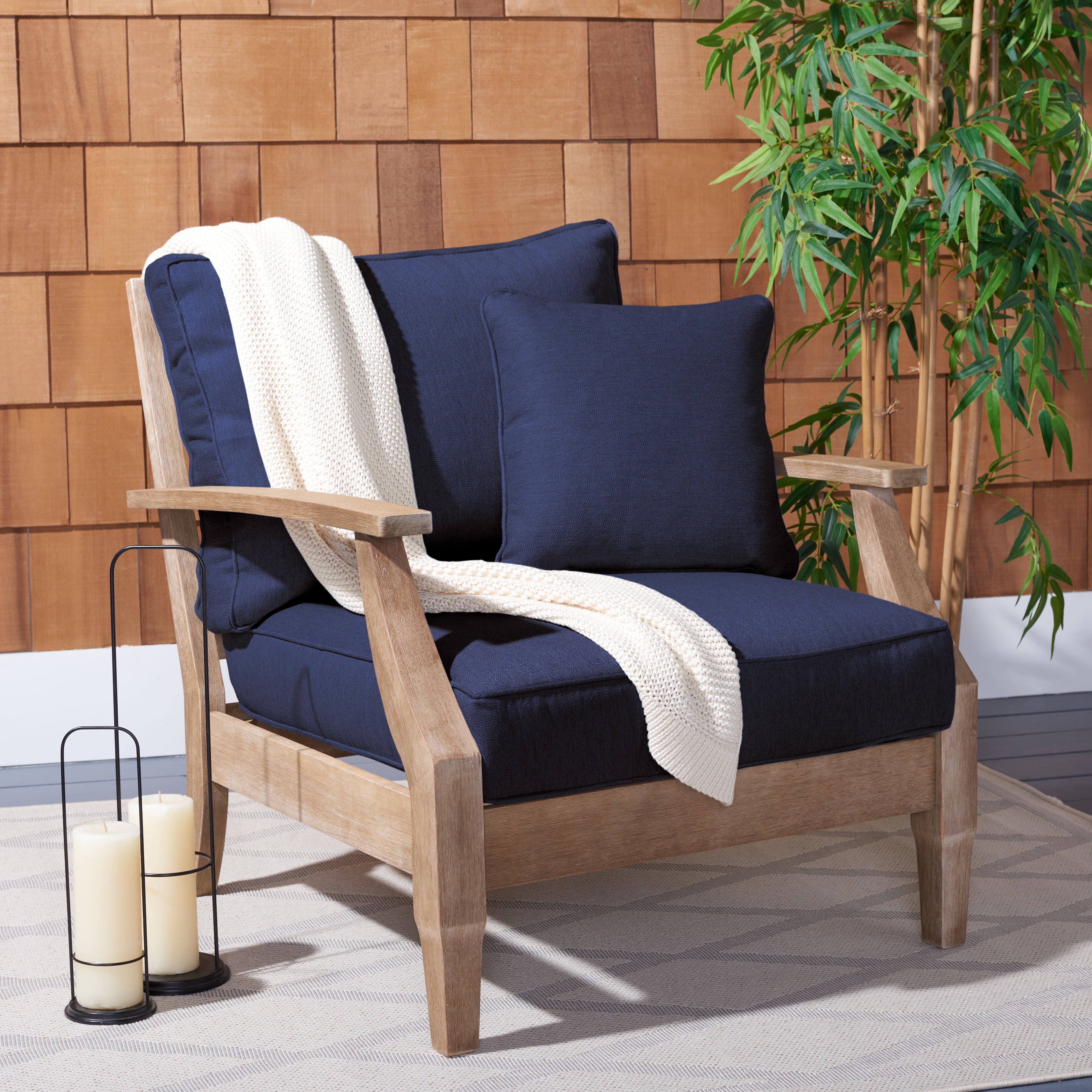 Safavieh Couture Martinique Wood Patio Armchair - Natural / Navy