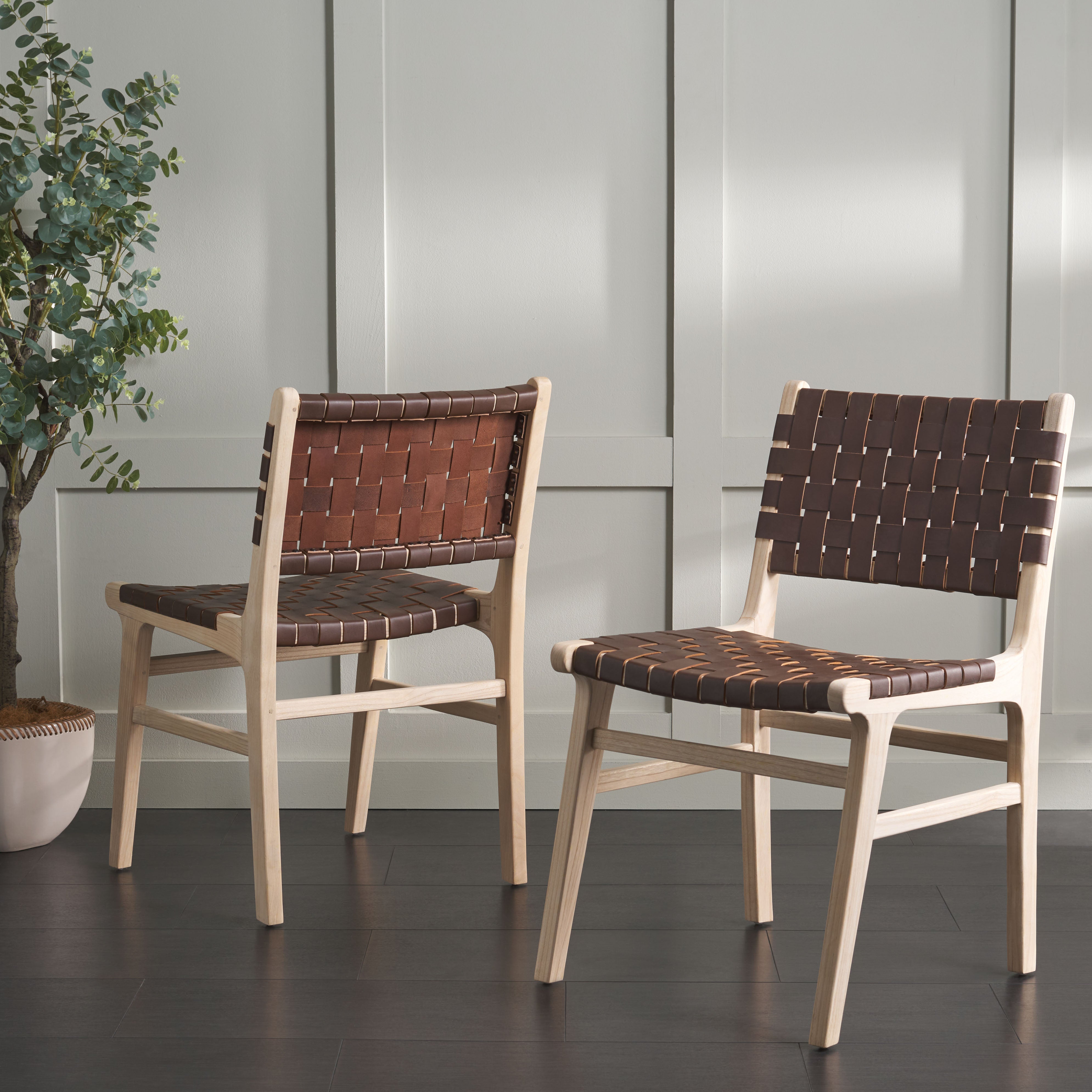 Safavieh Taika Woven Leather Dining Chair (Set of 2), DCH4000 - Cognac / Light Natural