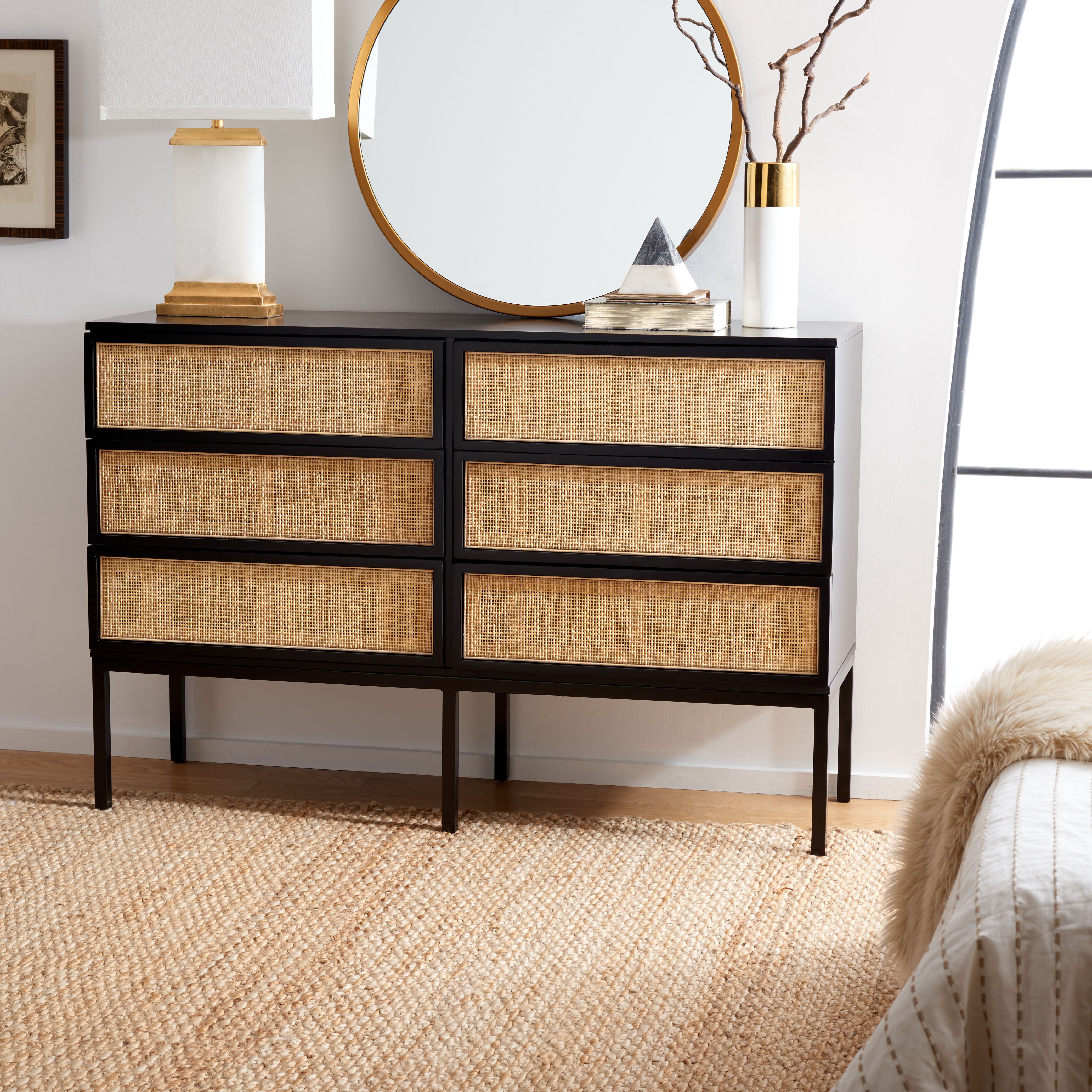 Safavieh Zadie 6 Drawer Rattan Dresser, DRS5003 - Black / Natural / Black