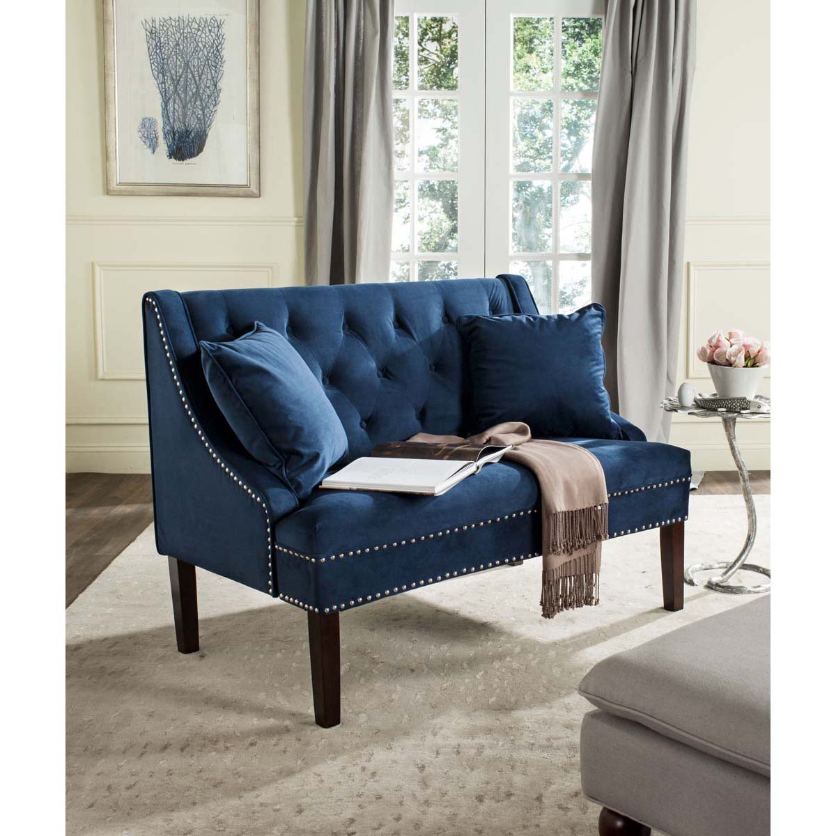 Safavieh Zoey Settee W/ Silver Nailheads , FOX6253 - Navy