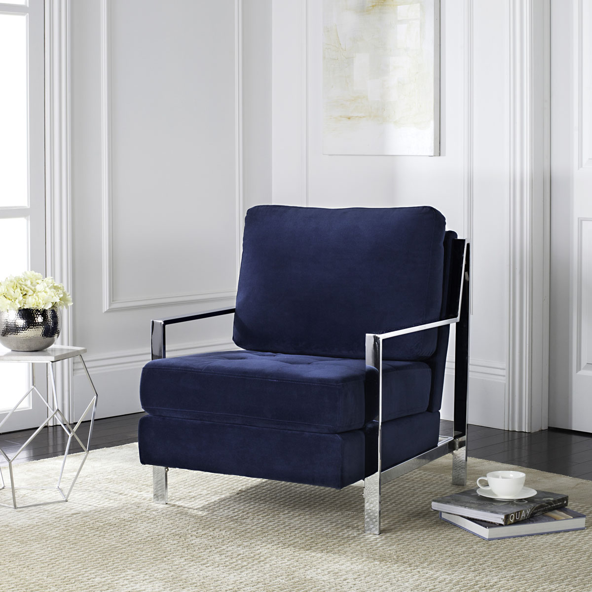 avieh Walden Modern Tufted Linen Chrome Accent Chair , FOX6279 - Navy