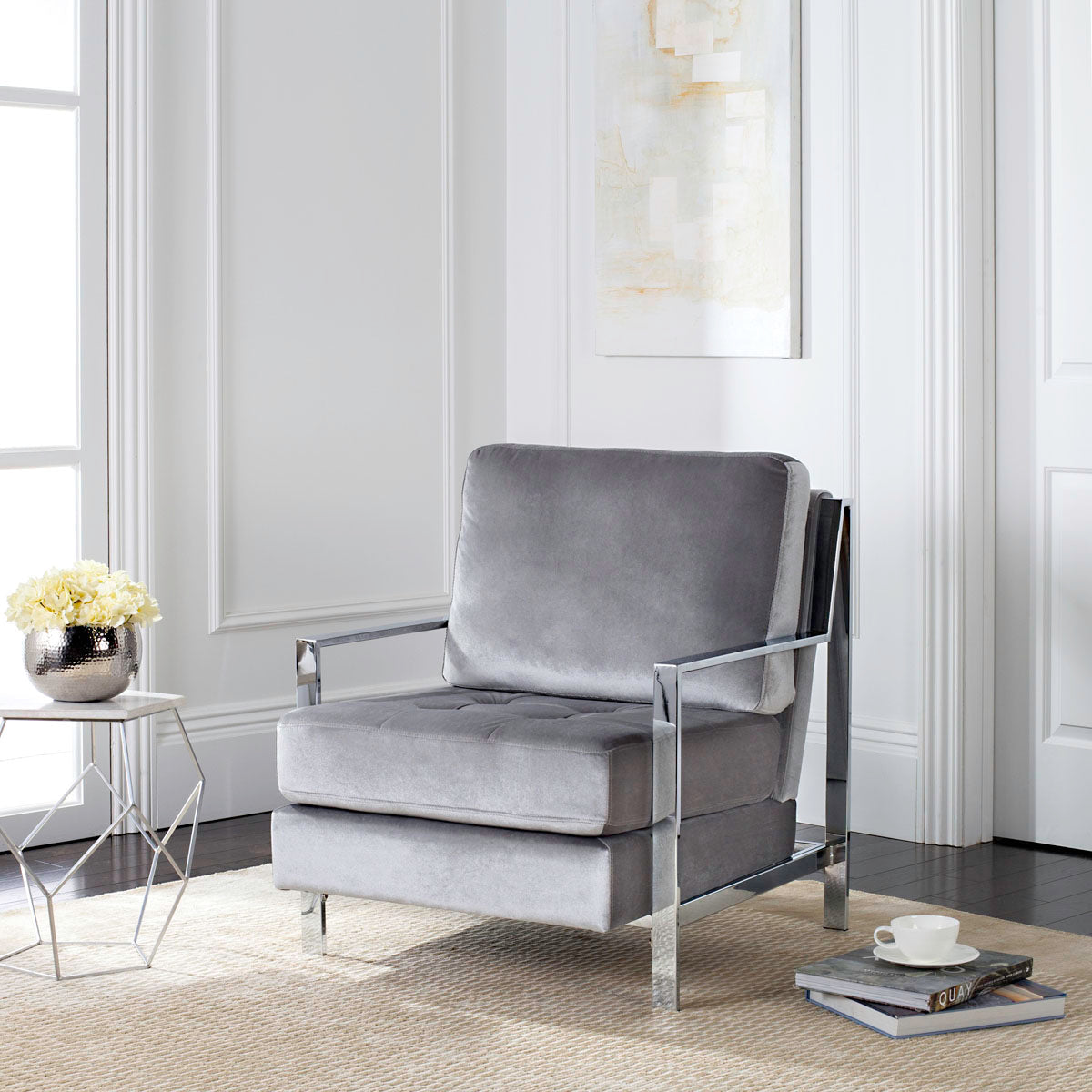 avieh Walden Modern Tufted Linen Chrome Accent Chair , FOX6279 - Light Grey