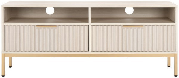 Safavieh Lylia 2 Drawer 2 Shelf Media Stand, MED9622 - Bleached White / Gold Legs / Gold Handle