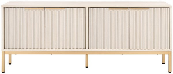 Safavieh Lylia 4 Door Media Stand, MED9623 - Bleached White / Gold Legs / Gold Handle