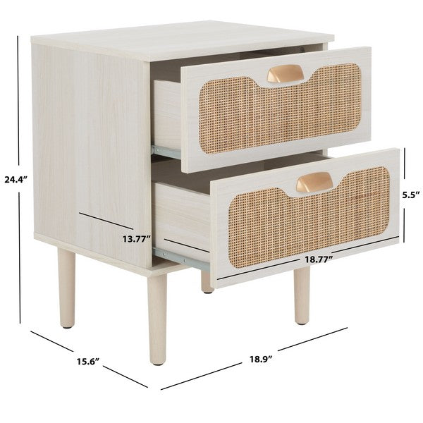 Safavieh Irelia 2 Drawer Nightstand , NST9602 - Bleached White / Natural Rattan / Gold Handle