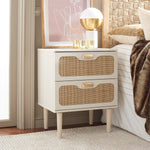 Safavieh Irelia 2 Drawer Nightstand , NST9602 - Bleached White / Natural Rattan / Gold Handle