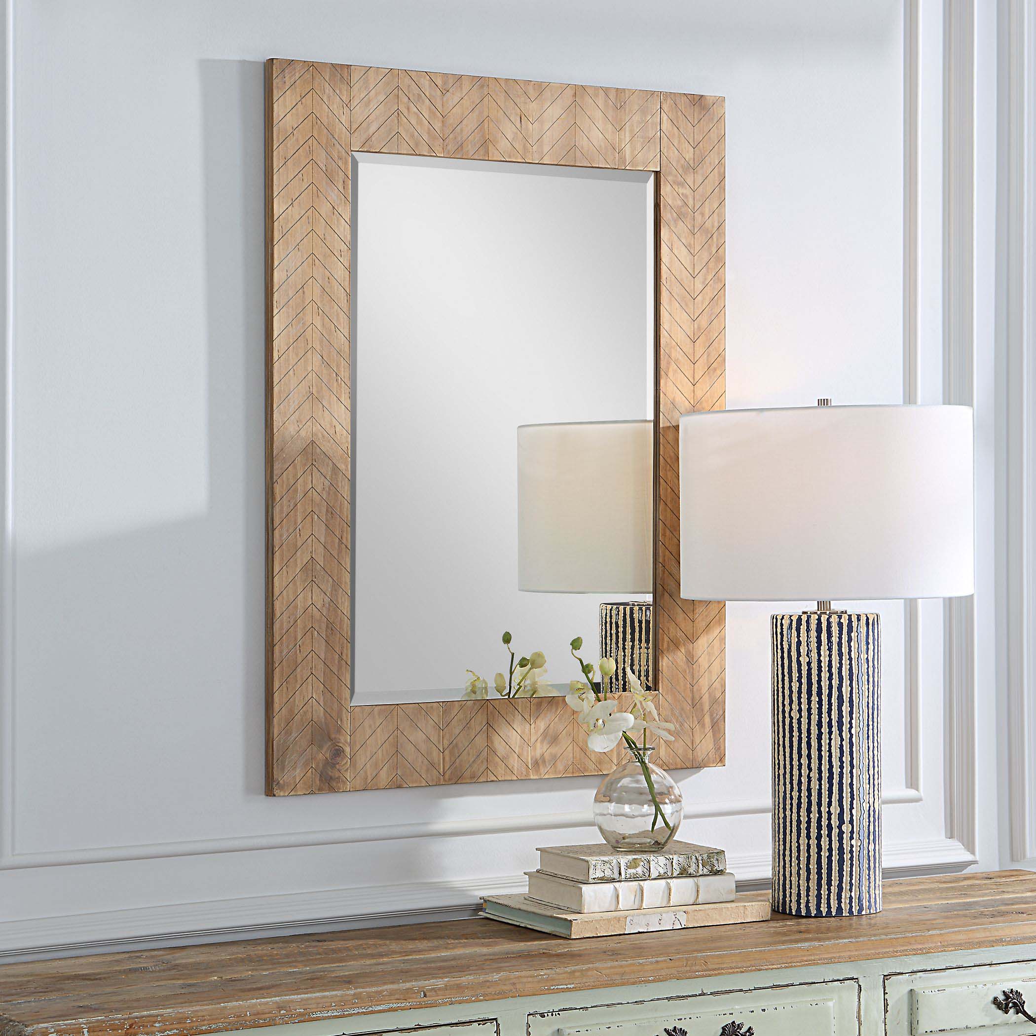 Home Decor Mirror - Chevron Pattern Designed In A Natural Solid Wood