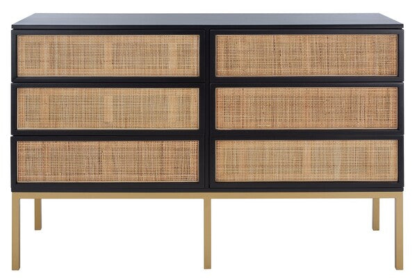 Safavieh Zadie 6 Drawer Rattan Dresser, DRS5003 - Black With Natural Rattan / Gold Legs