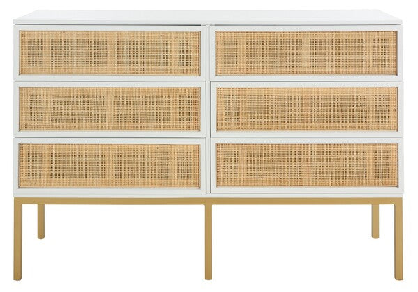 Safavieh Zadie 6 Drawer Rattan Dresser, DRS5003 - White With Natural Rattan / Gold Legs