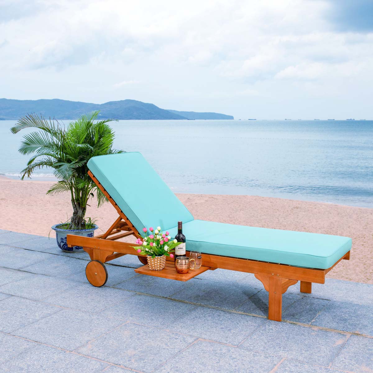 Safavieh Newport Chaise Lounge Chair With Side Table , PAT7022 - Natural / Aqua