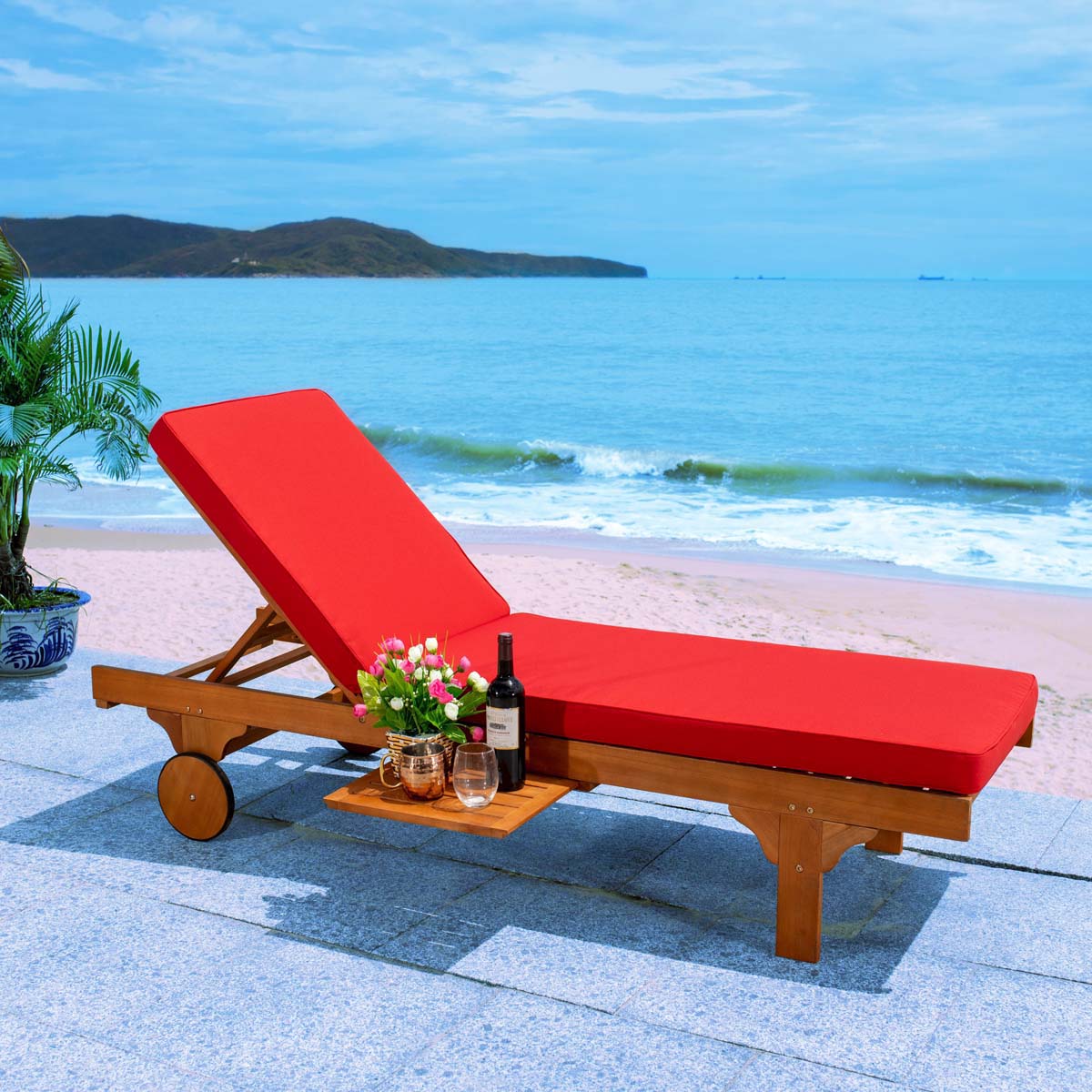 Safavieh Newport Chaise Lounge Chair With Side Table , PAT7022 - Natural / Red