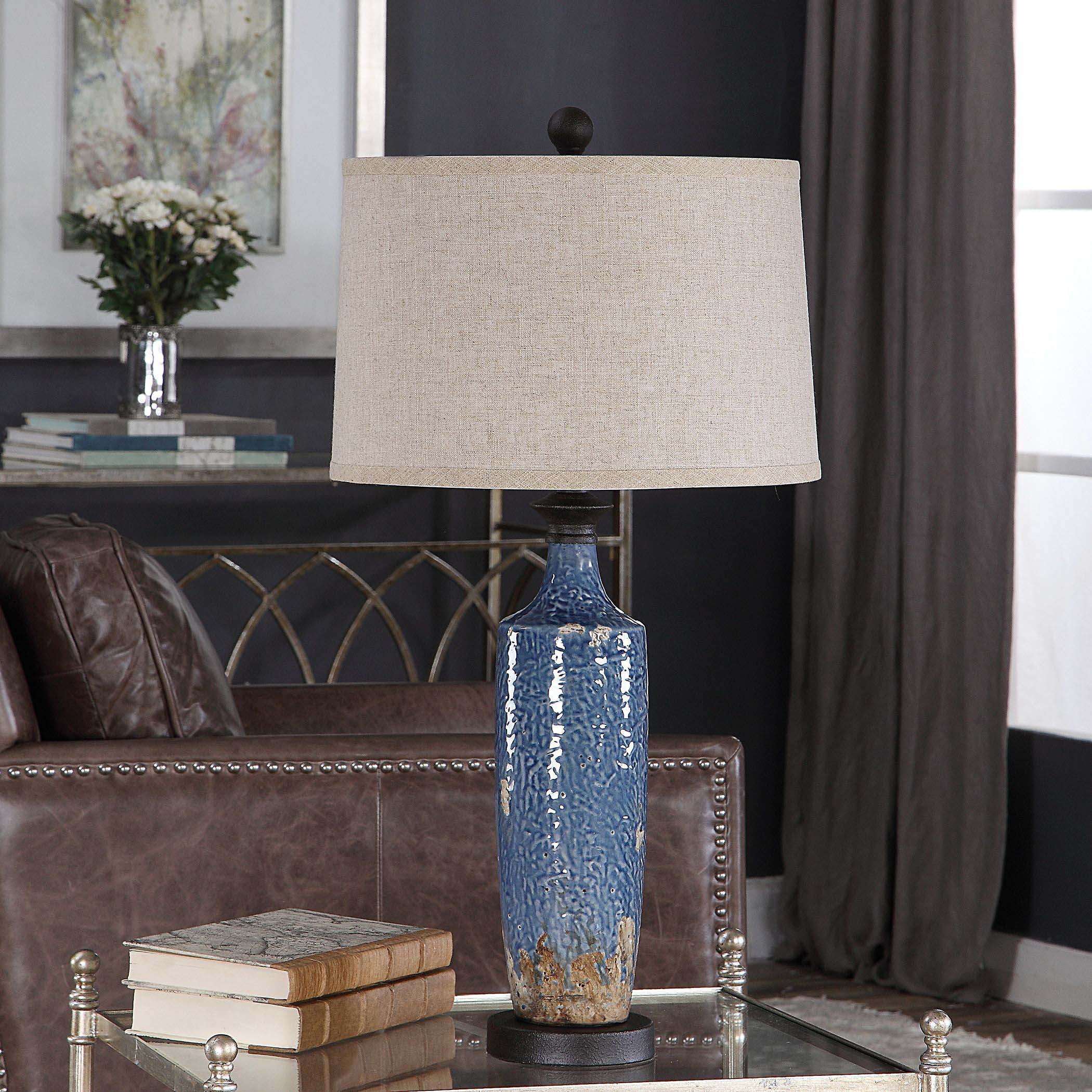 Home Decor Table Lamp With Textured Ceramic Base - Blue