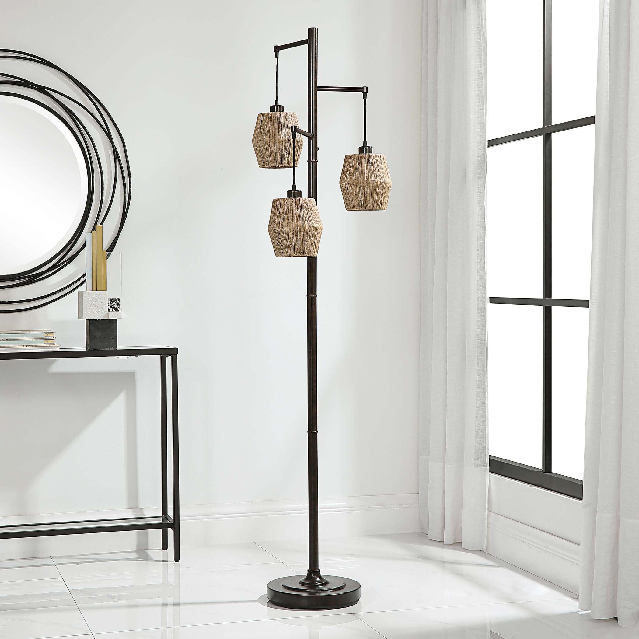 Home Decor Oil Rubbed Bronze Finish With Gold Highlights Floor Lamp - Three Drum Shaped Shades