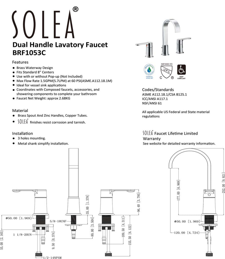 Solea Placid Widespread Dual Handle Stainless Steel 14.9X5.7X10 Bathroom Faucet - Chrome