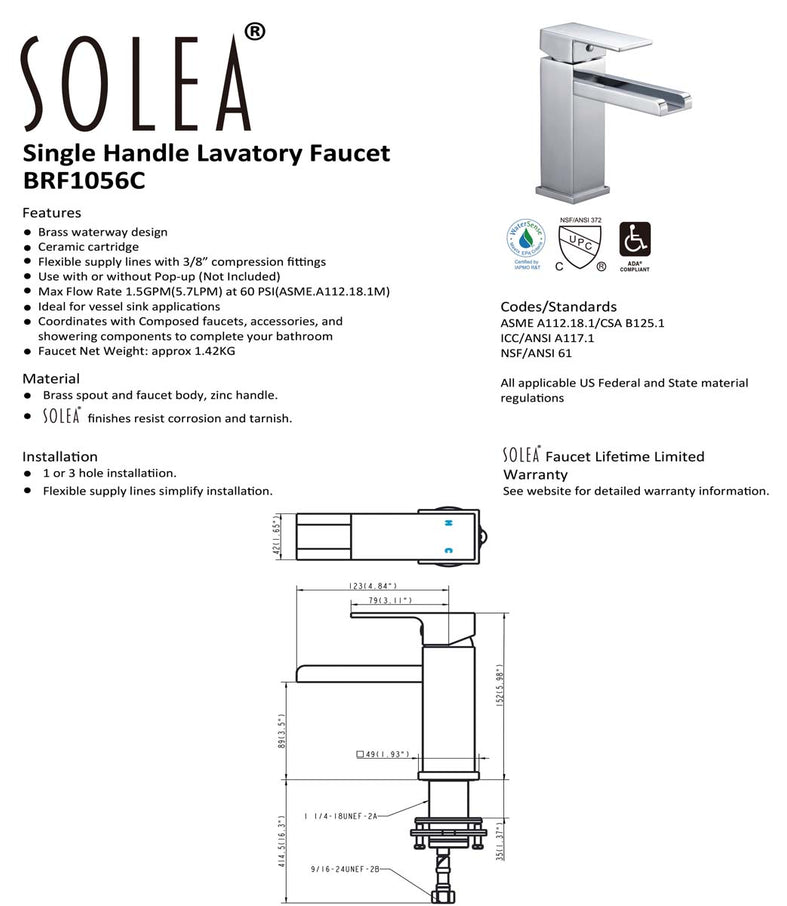 Solea Balance Single Handle 6 Inch Chrome 1.9X5.8X5.9 Bathroom Vessel Faucet - Chrome