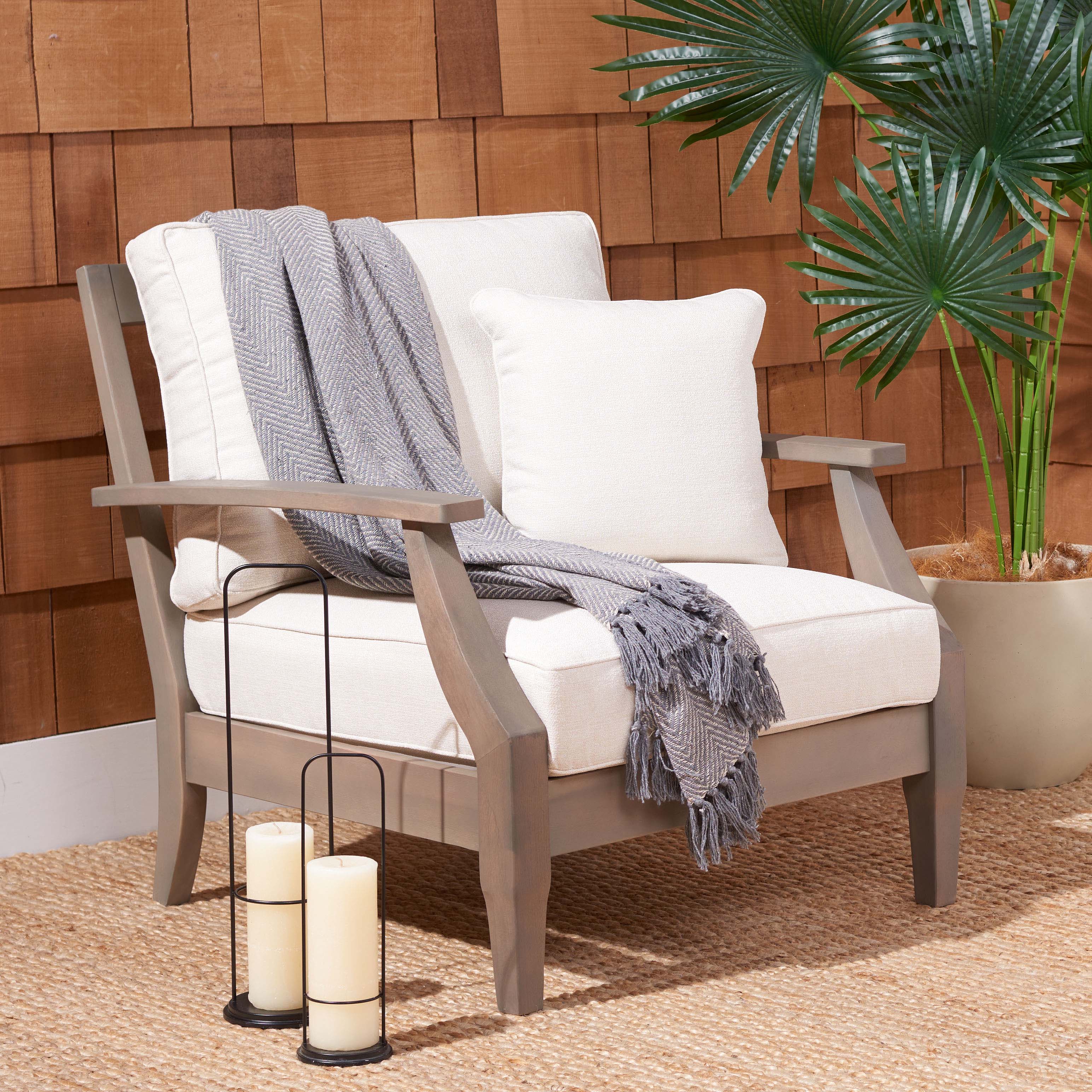 Safavieh Couture Martinique Wood Patio Armchair - Light Grey / Beige