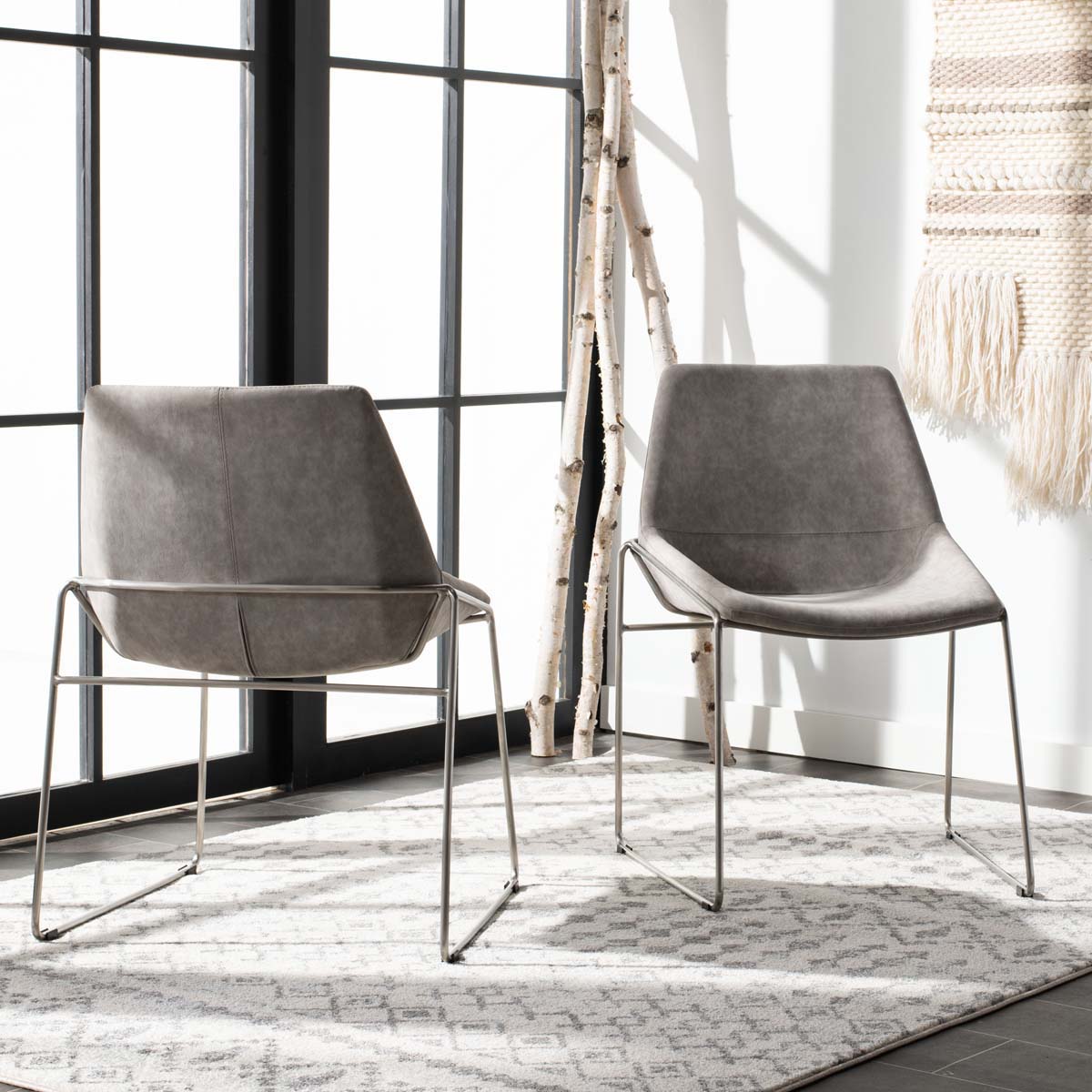 Safavieh Alexis Mid Century Dining Chair (Set of 2), DCH3000 - Stone Grey Pu/Silver