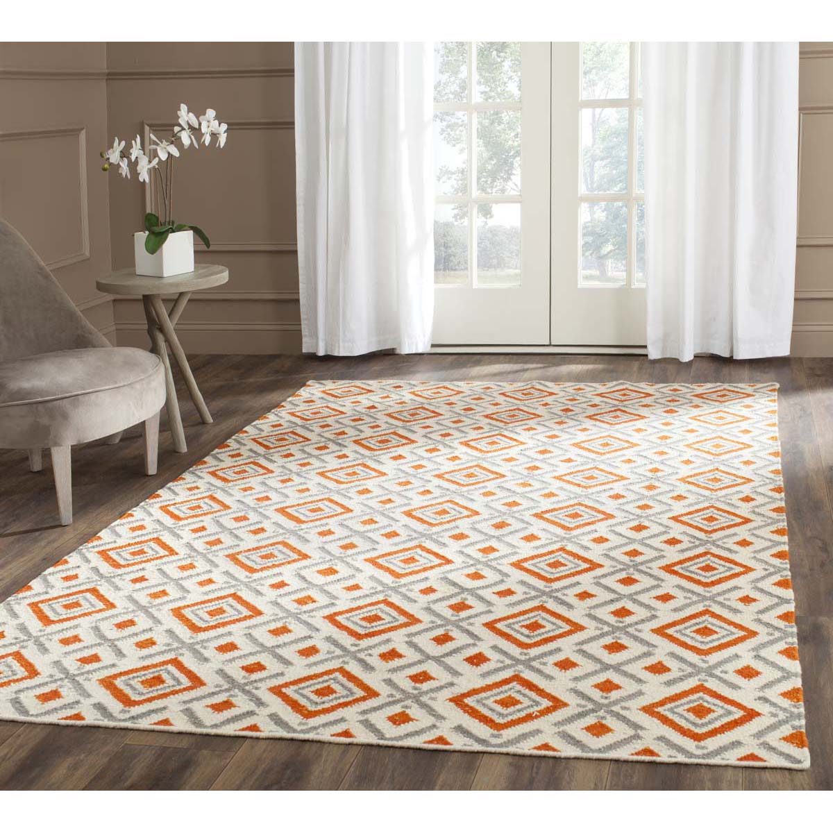 Safavieh Dhurries 116 Rug, DHU116 - Ivory / Tangerine