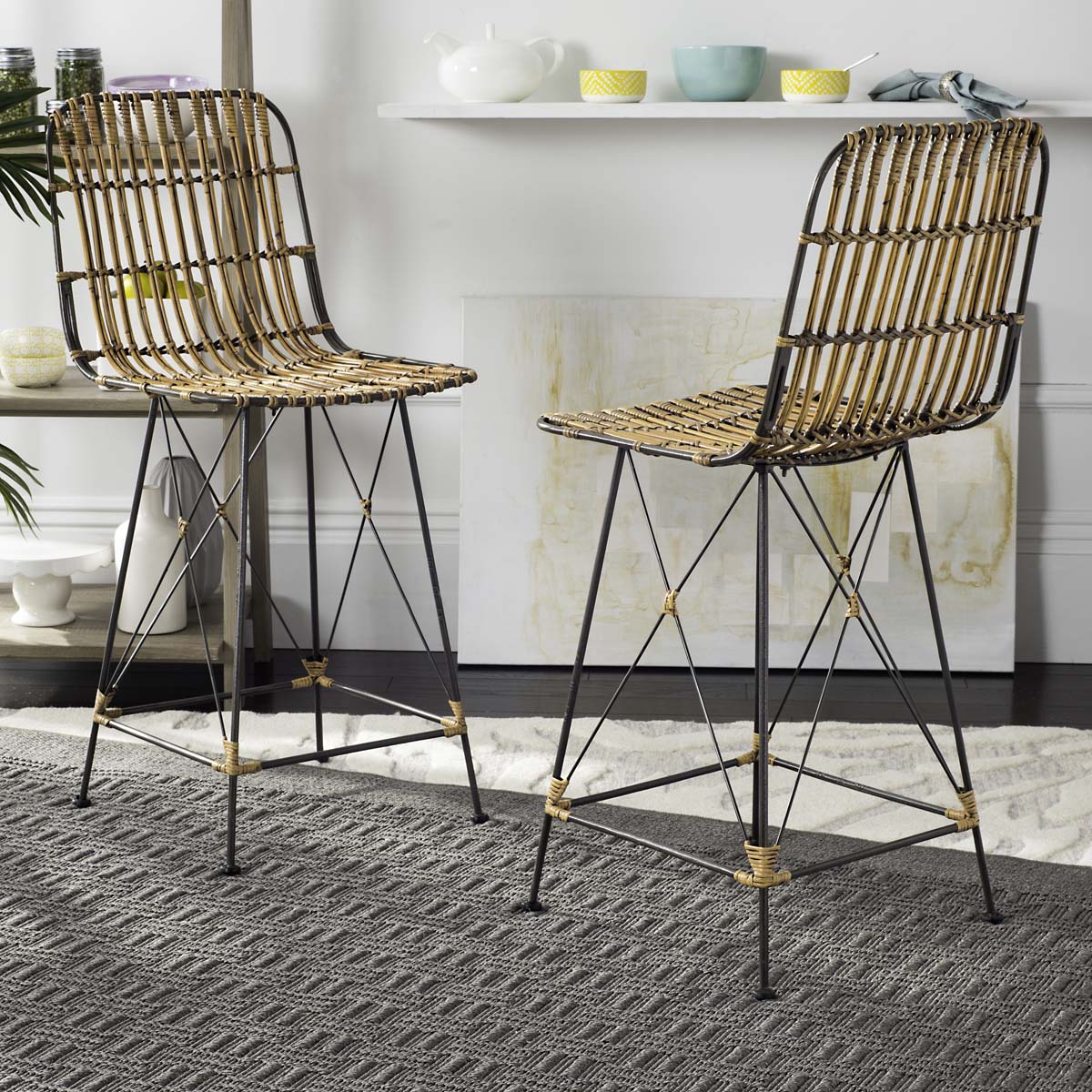 Safavieh Minerva Wicker Counter Stool  , WIK6509 - Natural / Black (Set of 2)